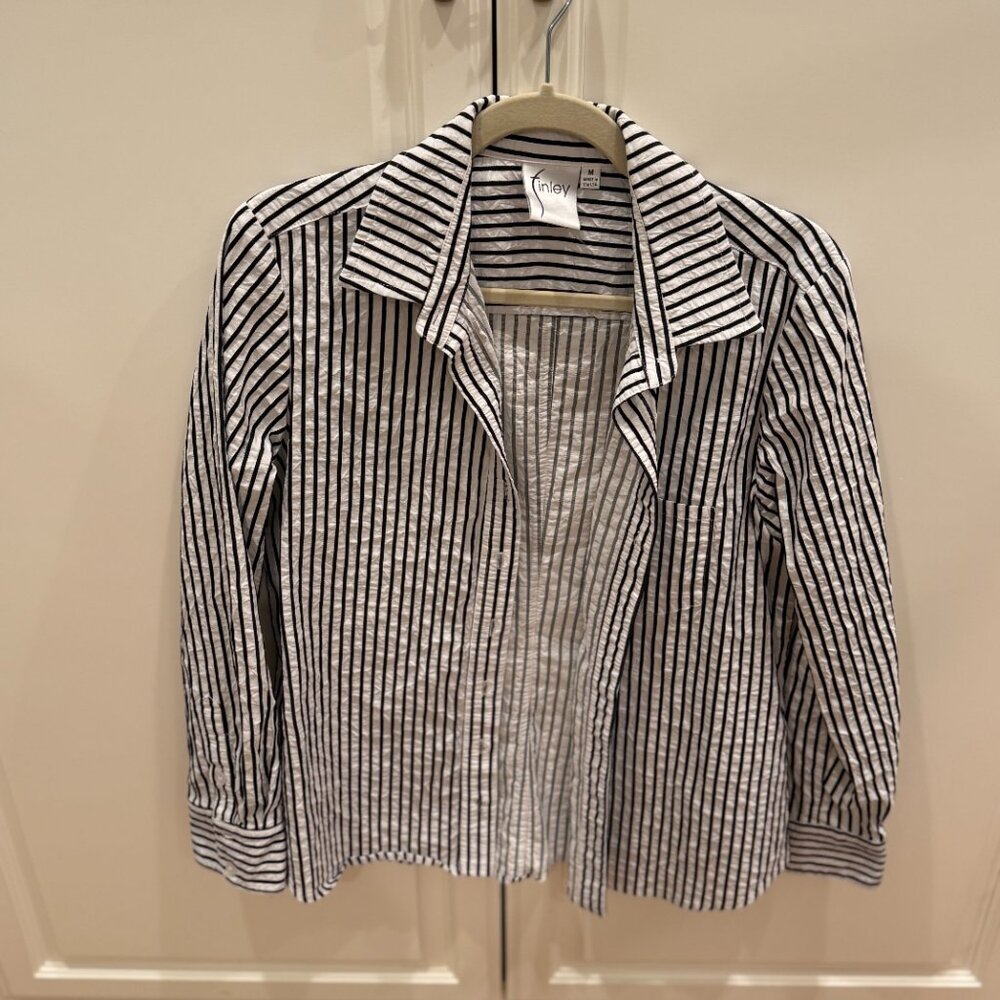 Finley white with black stripes button down long sleeved blouse